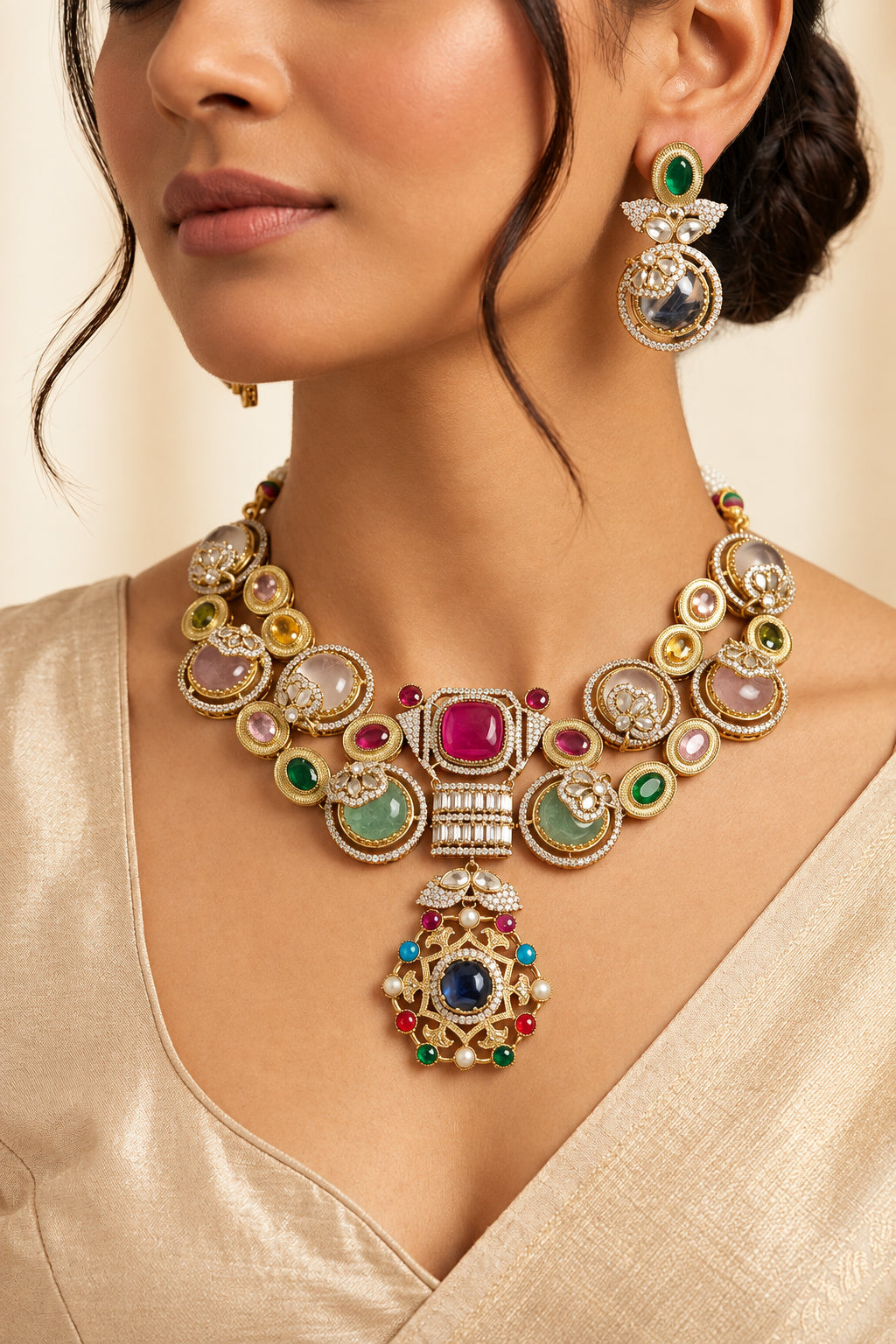 Close-up of model wearing Sabyasachi-inspired gold-plated multi-gemstone necklace set with intricate pendant and matching drop earrings.