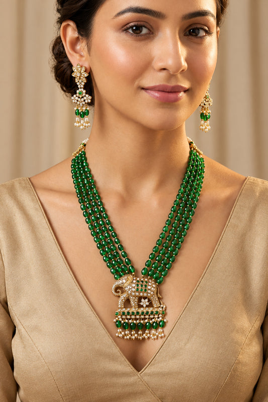 Sabyasachi inspired necklace set, Royal elephant pendant set, Emerald green beads mala, Gold plated elephant jewelry, Designer multi strand bead necklace