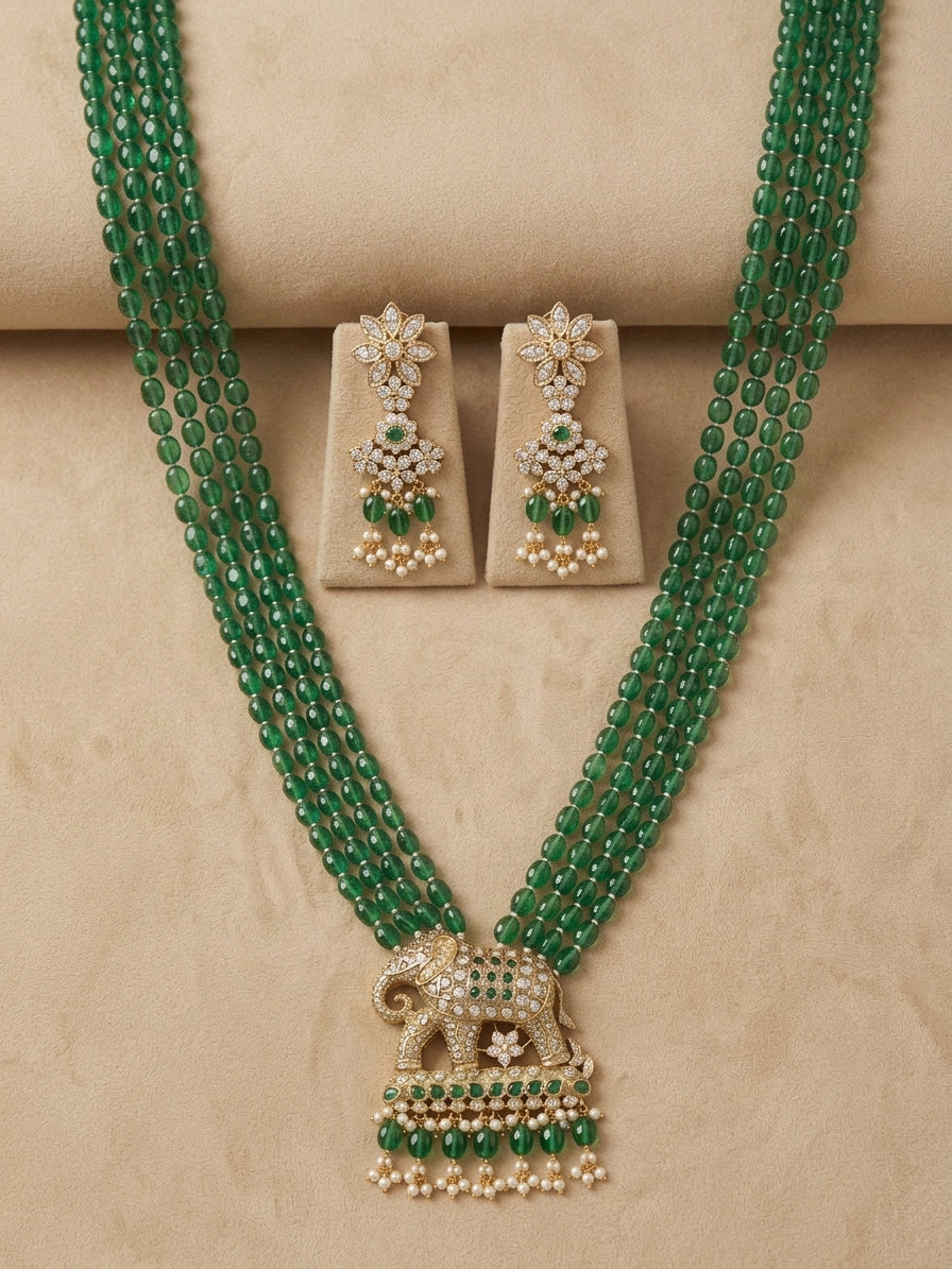 Sabyasachi inspired necklace set, Royal elephant pendant set, Emerald green beads mala, Gold plated elephant jewelry, Designer multi strand bead necklace