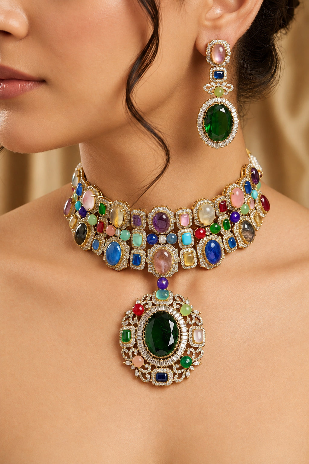 Sabyasachi inspired choker set, Gold plated multi gemstone choker, Multi color gemstone necklace set, Emerald drop statement choker, Sabyasachi style fusion jewelry