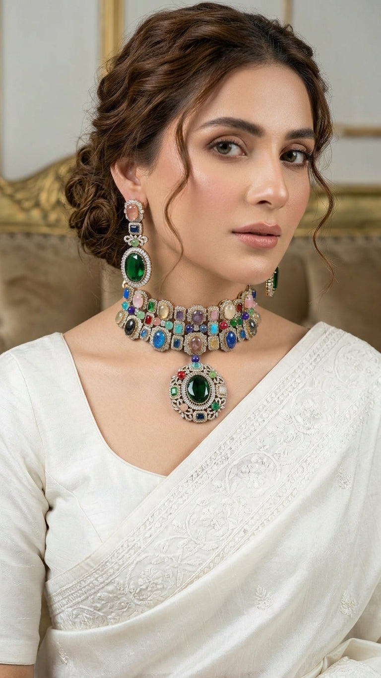 A woman wearing an ornate multicolor gemstone choker necklace with matching drop earrings, styled with a white embroidered sari.