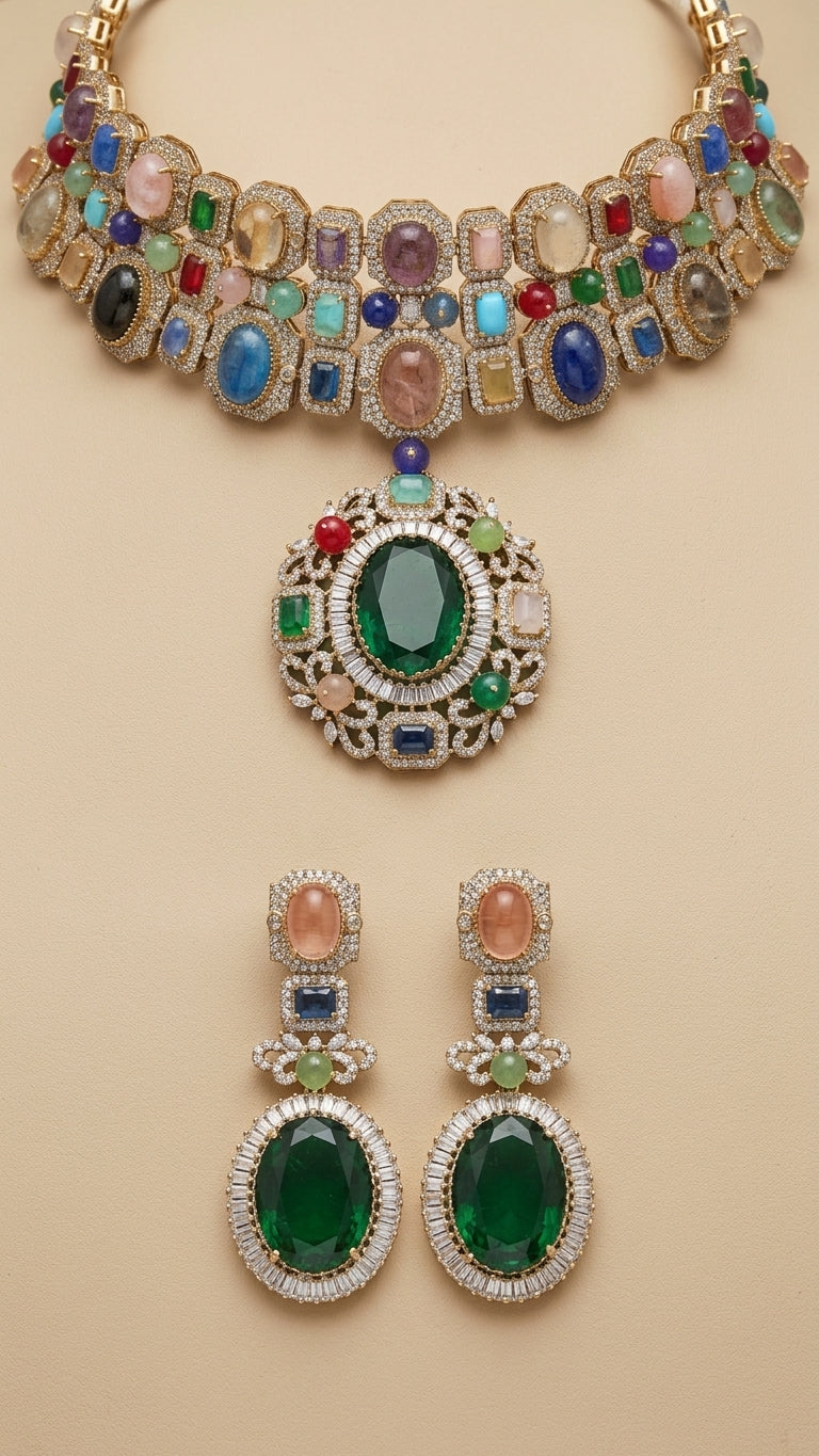 An ornate jewelry set featuring a wide collar necklace, a matching pendant, and a pair of drop earrings, all decorated with multiple colorful gemstones in a silver-toned setting, displayed on a solid beige background.