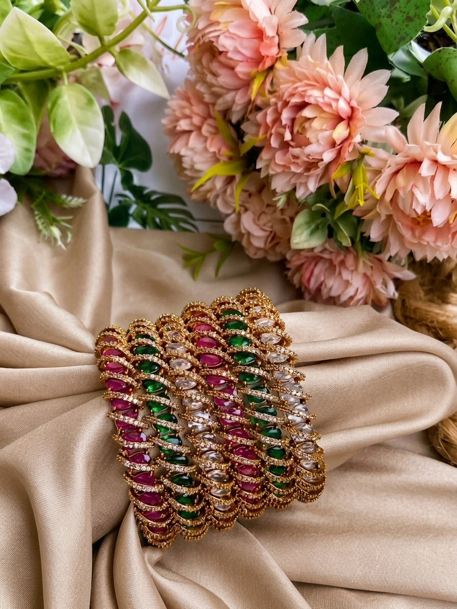 BG-12 Spiral AD Bangles | CZ & AD Gold-Plated 2-Piece Set