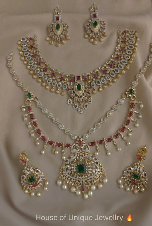 C-03 Gold Plated AD CZ Bridal Necklace Set | Double Layer Long Haram Combo