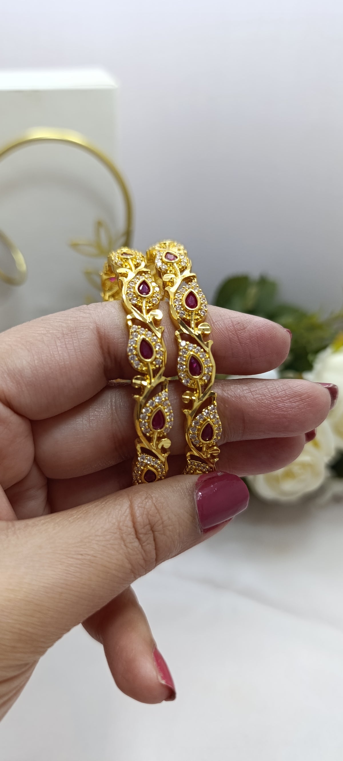 BG-09 Ruby Leaf Bangles | CZ & Kemp 2-Piece South Indian Set