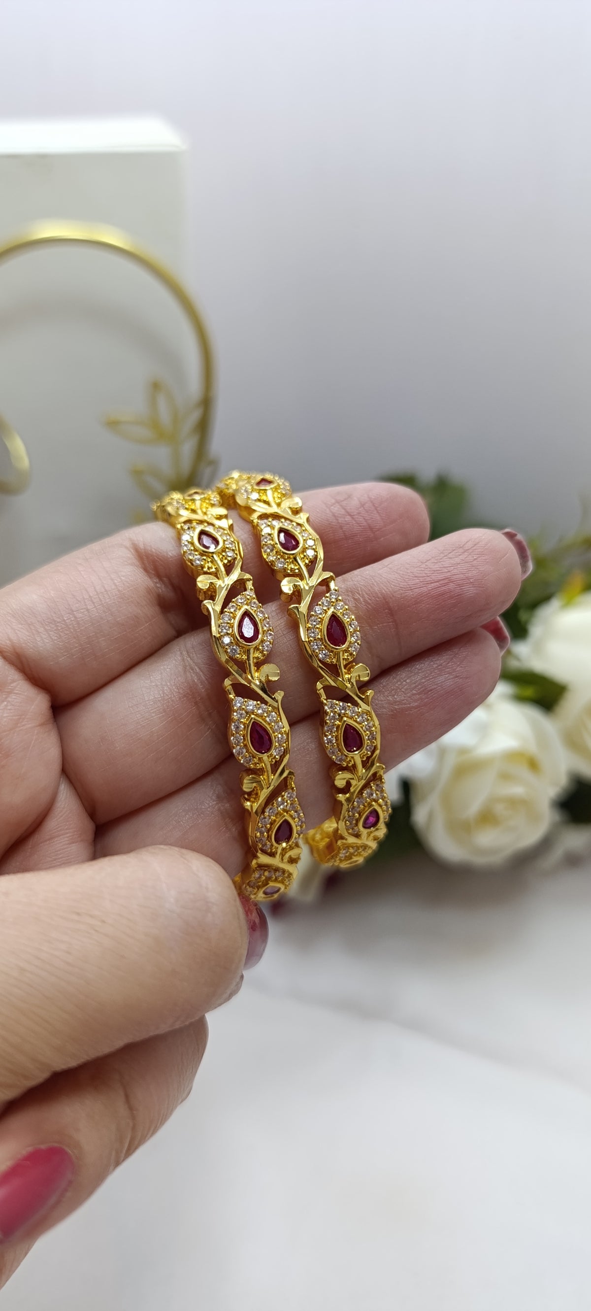 BG-08 Ruby Leaf Bangles | CZ & Kemp 4-Piece South Indian Set