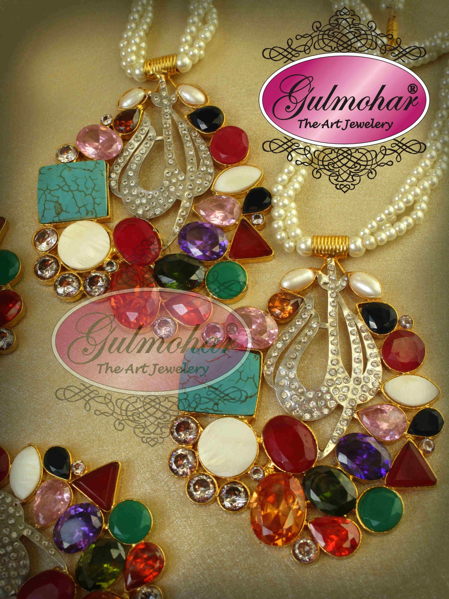P-01: Allah Name Pendant Necklace with Pearl String | Gold Plated AD Stone Pendant