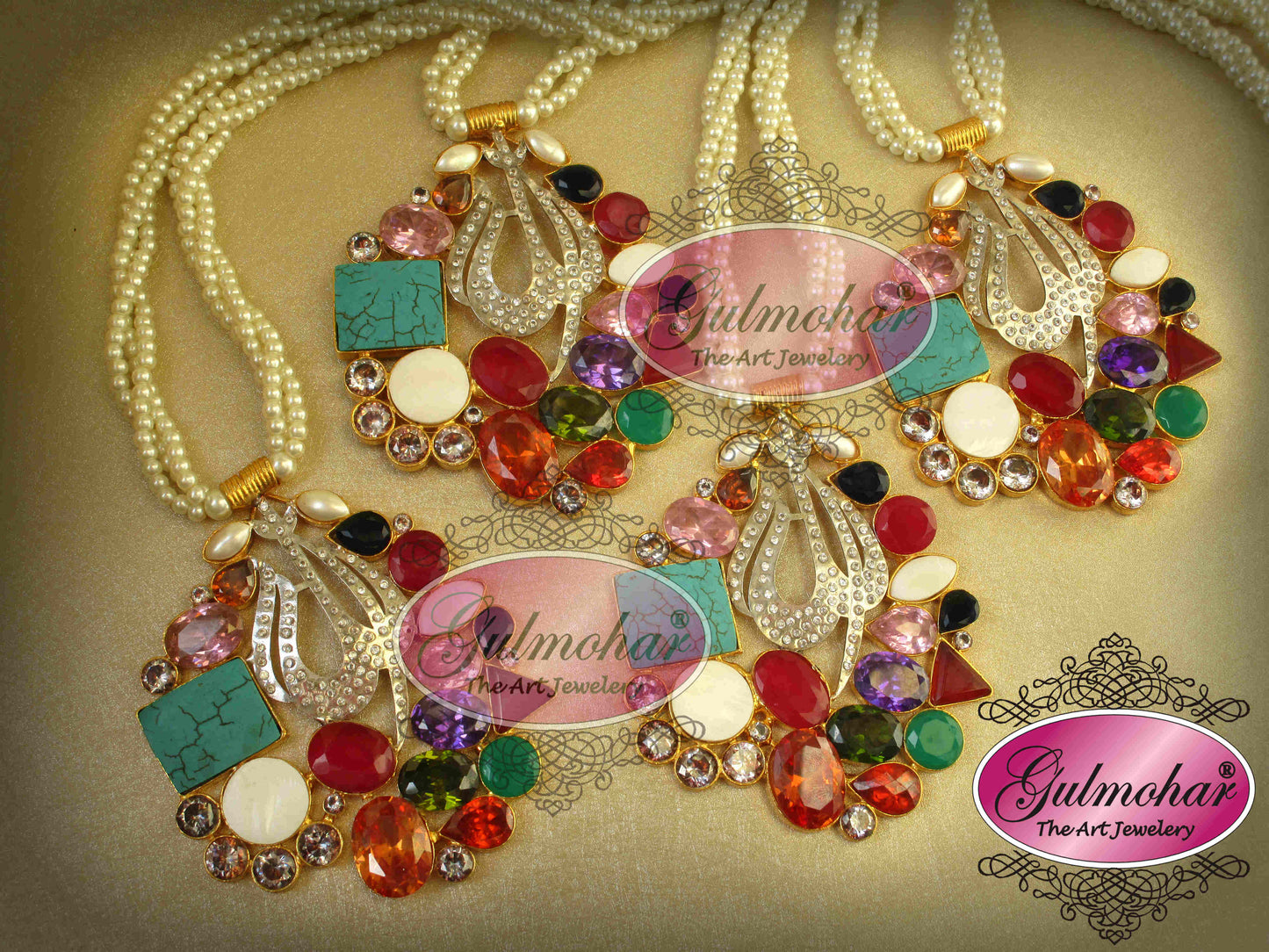 P-01: Allah Name Pendant Necklace with Pearl String | Gold Plated AD Stone Pendant