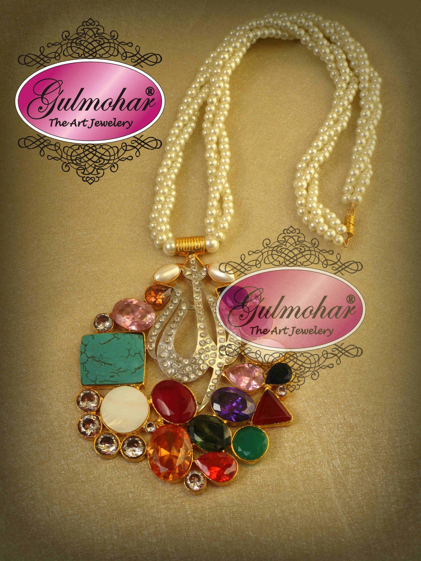 P-01: Allah Name Pendant Necklace with Pearl String | Gold Plated AD Stone Pendant