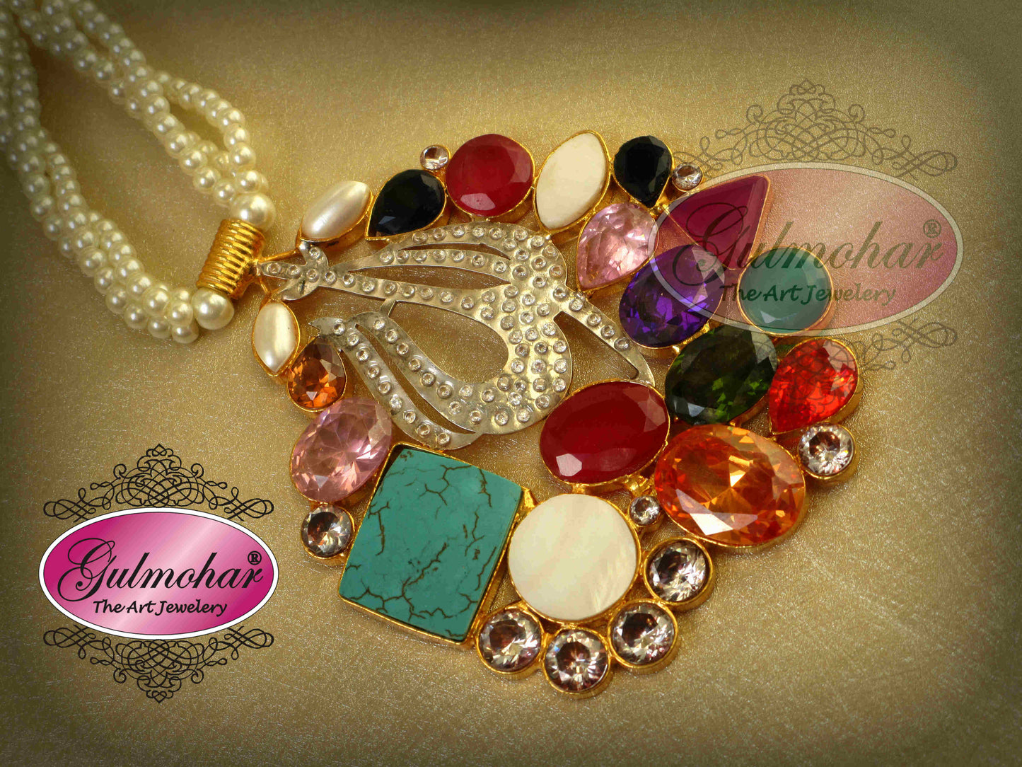 P-01: Allah Name Pendant Necklace with Pearl String | Gold Plated AD Stone Pendant