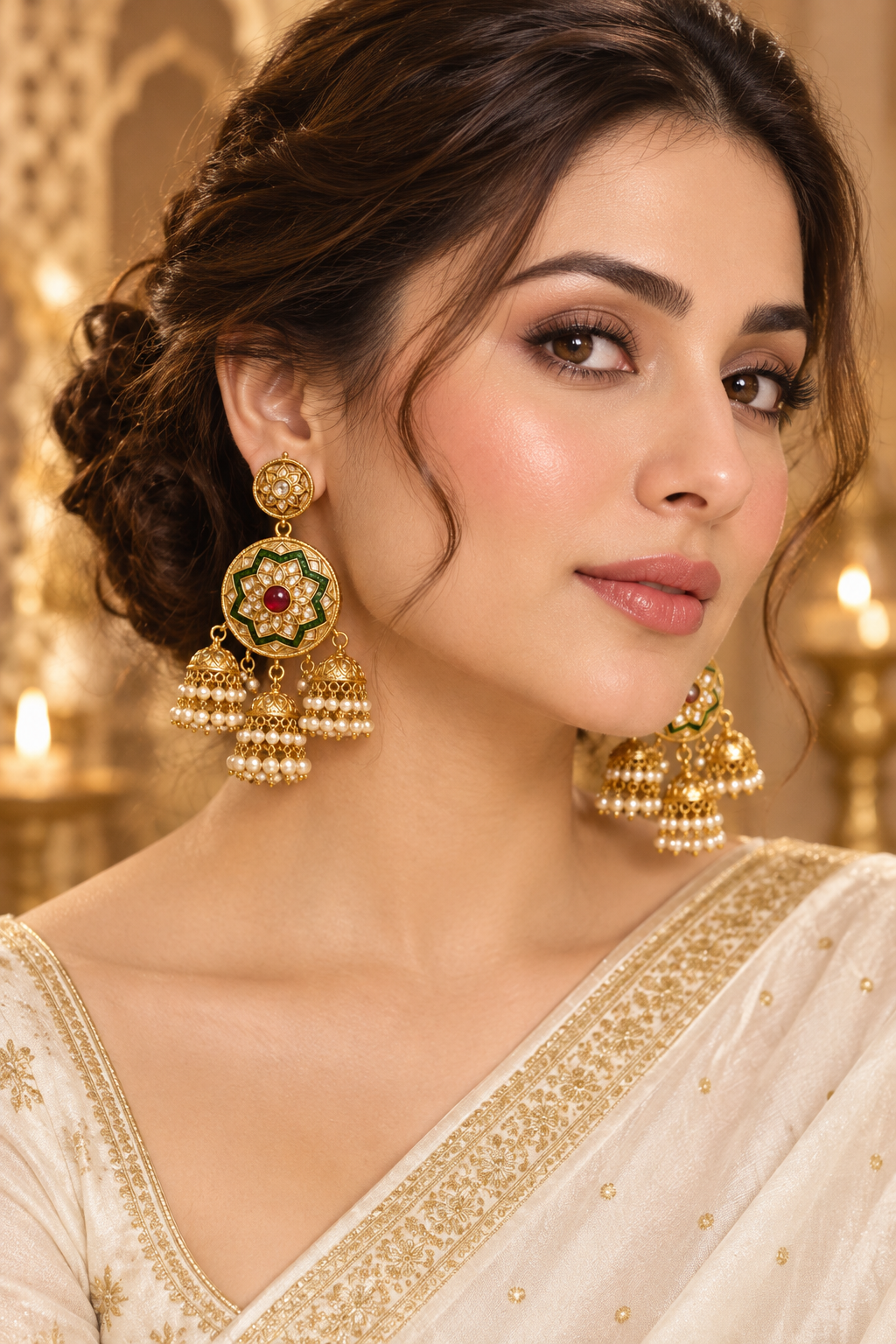 A pair of ornate Gulmohar Art Jewellery gold-plated jhumka earrings with green enamel, red stone accents, and white pearl bell drops, displayed on a beige satin fabric with decorative flowers and a gold box.