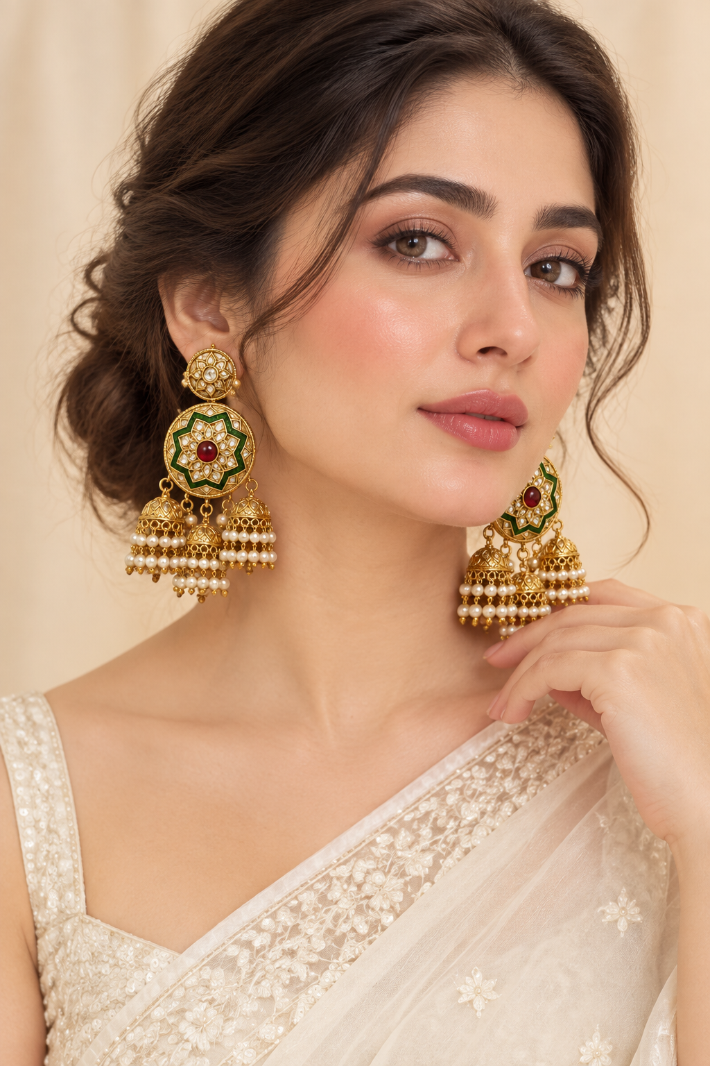 A pair of ornate Gulmohar Art Jewellery gold-plated jhumka earrings with green enamel, red stone accents, and white pearl bell drops, displayed on a beige satin fabric with decorative flowers and a gold box.