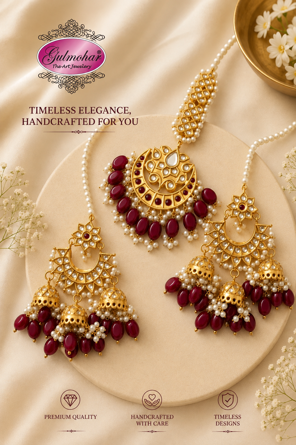 Gold and green traditional Indian jewelry set with a necklace, earrings, and a matching pendant, displayed on a beige fabric background with decorative flowers and a gold bowl.