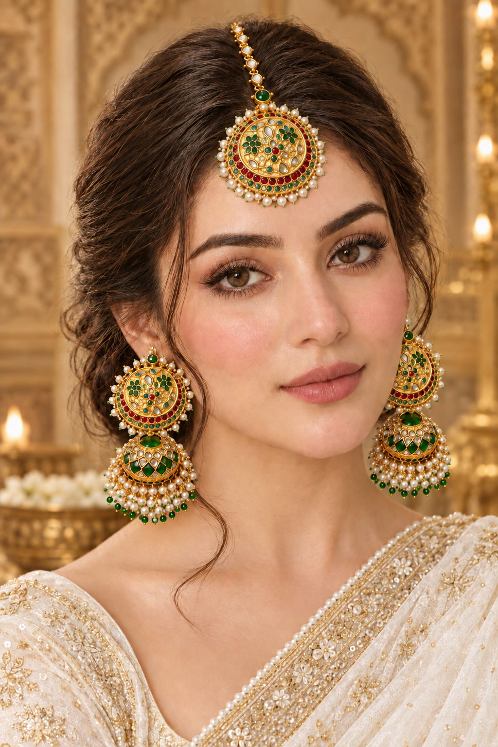 A woman wearing ornate gold-toned traditional jewelry with green and red stone accents, including a maang tikka and matching earrings, posed against a warm golden architectural background.