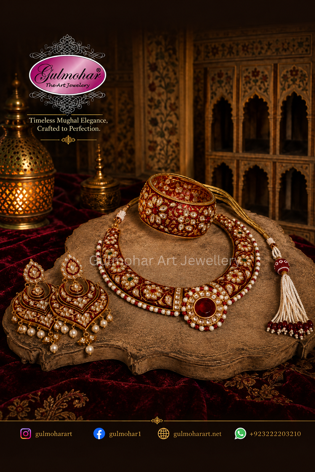 Gulmohar gold plated Laal Hasli necklace set with red Meenakari, matching Kundan bangle, and earrings on display.