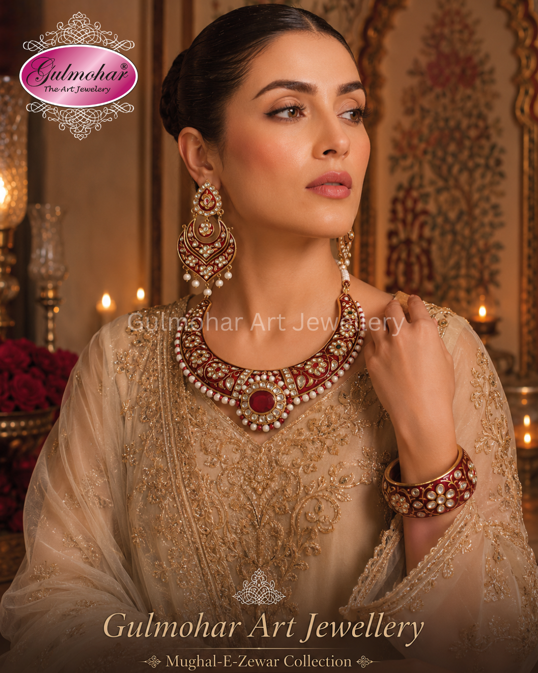 Model wearing Gulmohar handcrafted red Multani Kundan Hasli set with matching Meenakari bangle and statement earrings.