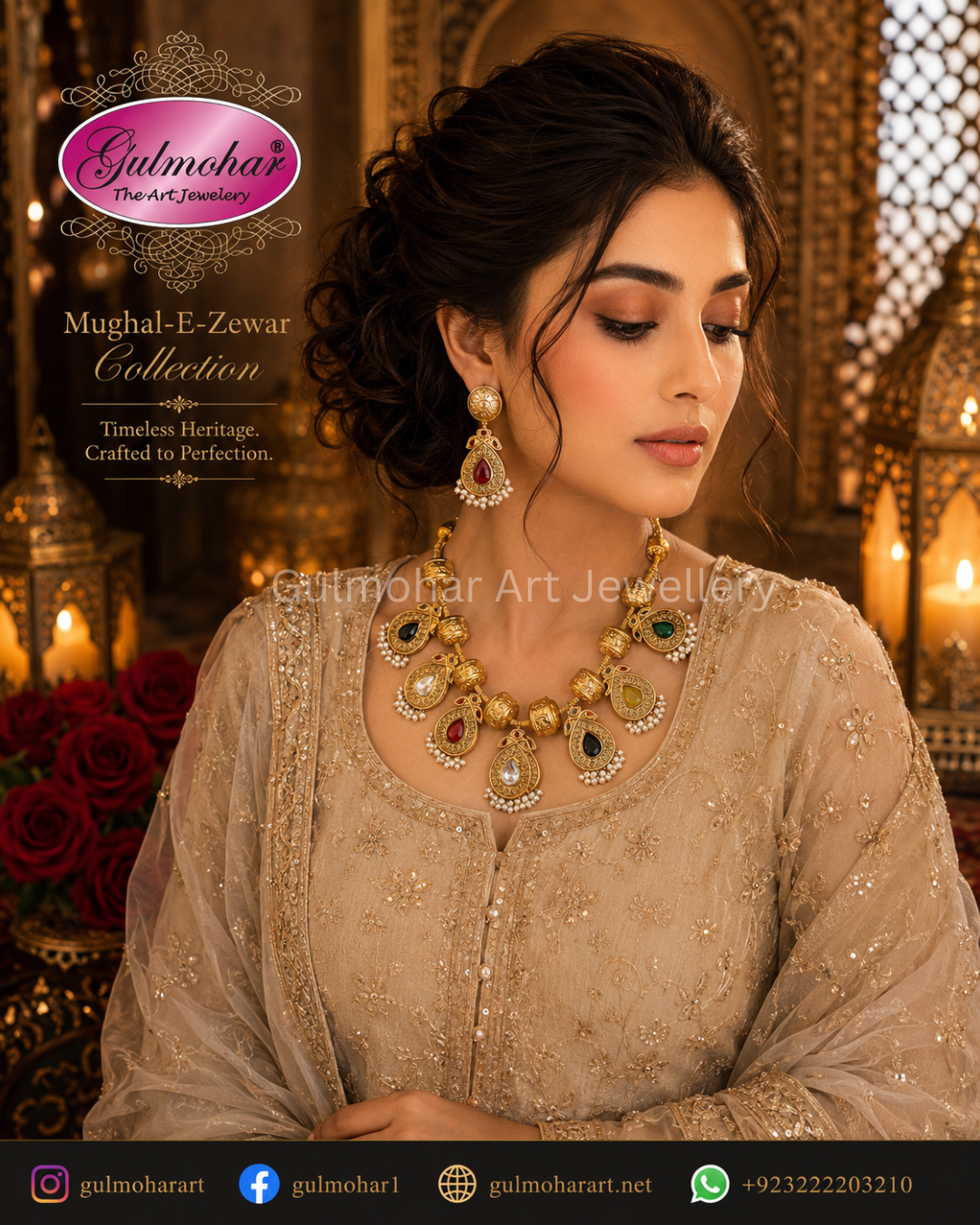 Model wearing Gulmohar handcrafted gold plated Navratan Multani Kundan set with semi-precious multi-colored stones and beige embellished outfit.