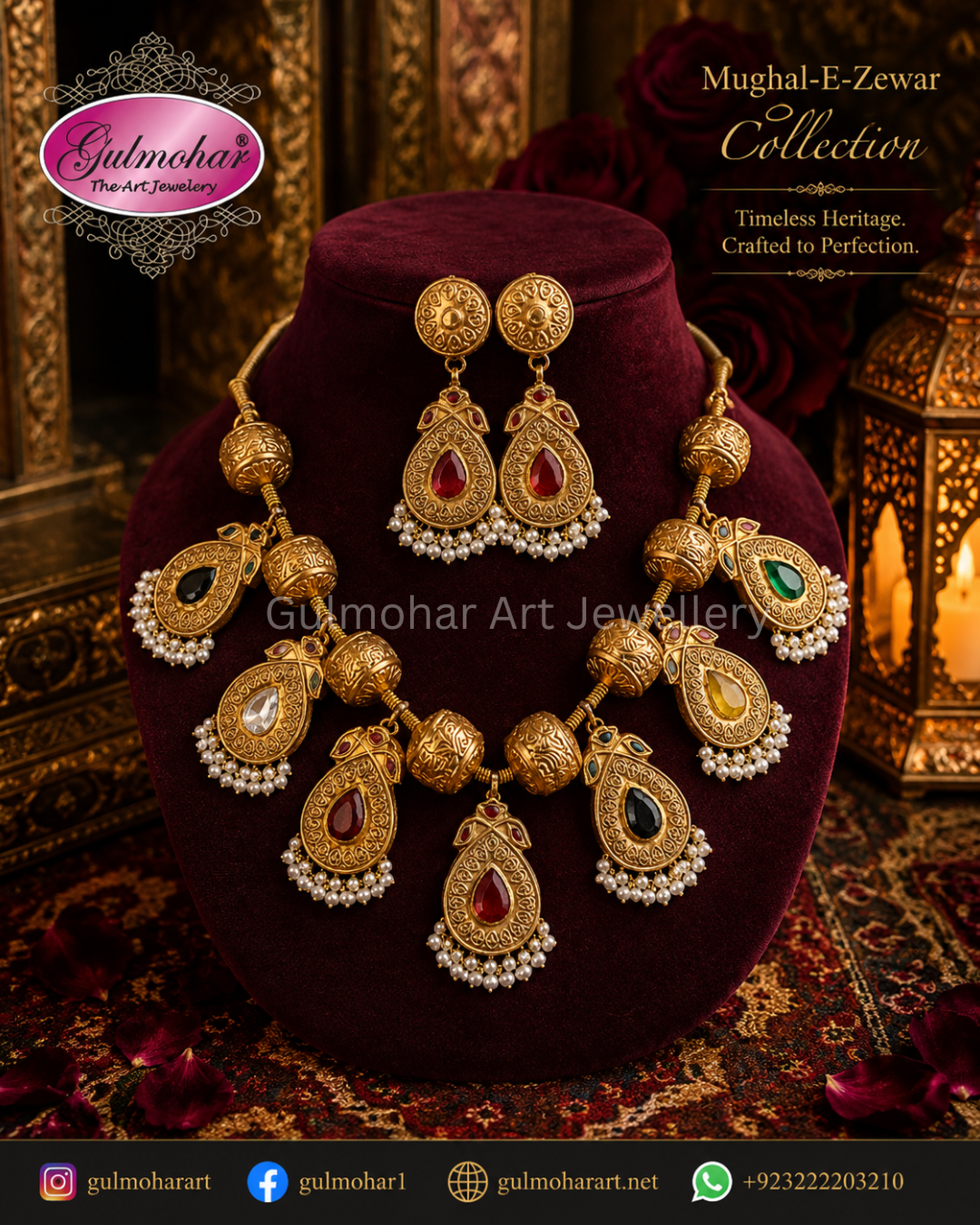 Navratan necklace set, Multani Kundan necklace, Gold plated Navratan jewelry, Handcrafted Kundan set, Gulmohar Art Jewellery Navratan