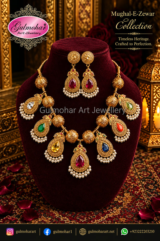 Navratan necklace set, Multani Kundan necklace, Gold plated Navratan jewelry, Handcrafted Kundan set, Gulmohar Art Jewellery Navratan