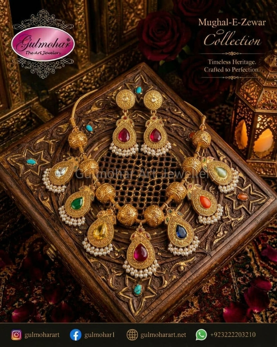 MG-04: Handcrafted Gold Plated Navratan Multani Kundan Necklace Set