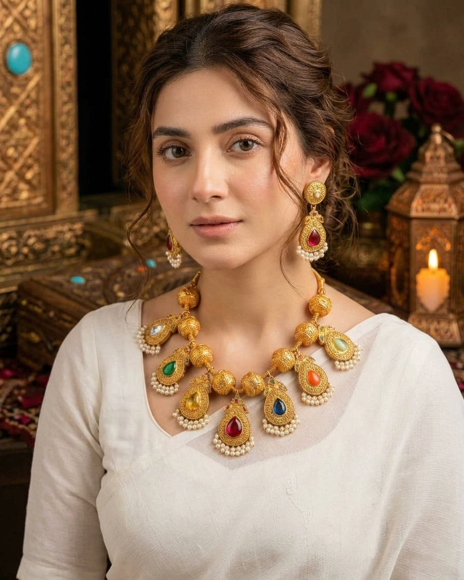 MG-04: Handcrafted Gold Plated Navratan Multani Kundan Necklace Set