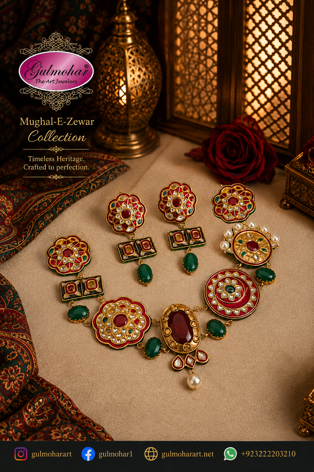 Meenakari Kundan necklace set, Minakari jewelry, Multani Kundan set, Gold plated Kundan necklace, Gulmohar Art Jewellery Mughal E Zewar, Emerald drop Kundan set