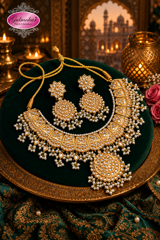 Gold Kundan necklace, Multani Kundan set, Kundan Polki necklace set, Pearl cluster Kundan set, Gulmohar Kundan jewelry