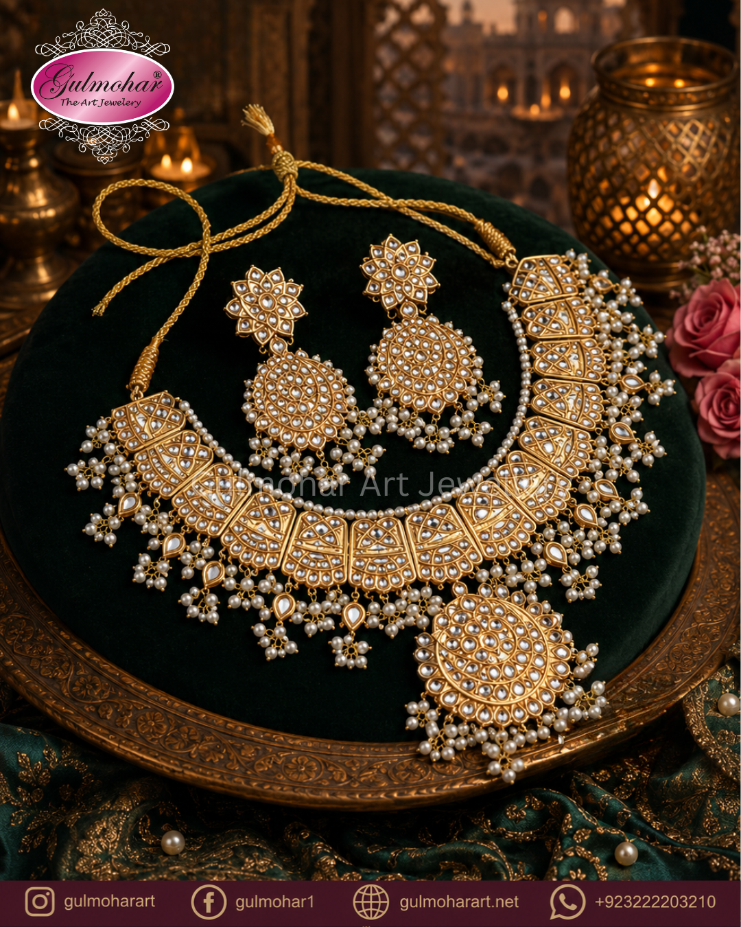Gulmohar handcrafted gold plated Multani Kundan Polki necklace set with circular medallion pendant and pearl cluster drops on dark green display.