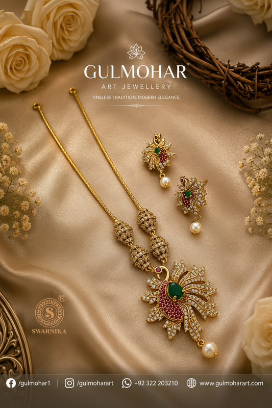 S-16: South Indian Peacock Pendant Set | CZ & AD Gold Plated