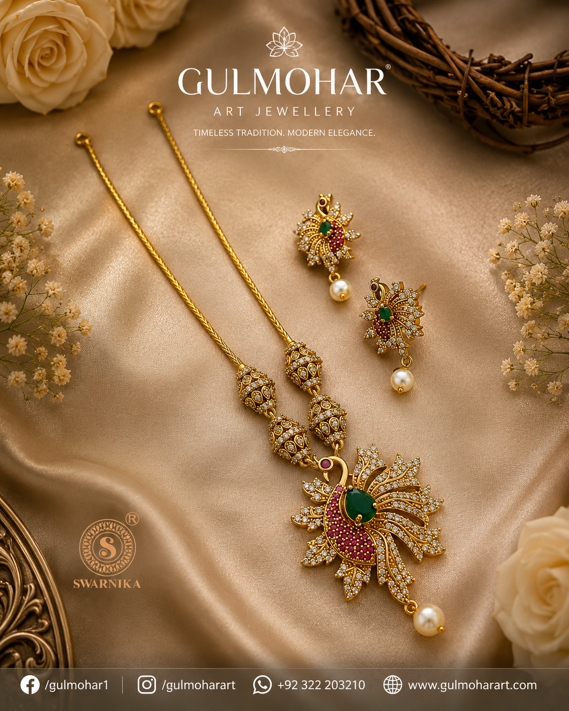 South Indian peacock pendant set
peacock pendant necklace set
gold plated peacock jewellery
South Indian traditional jewellery
CZ AD pendant set