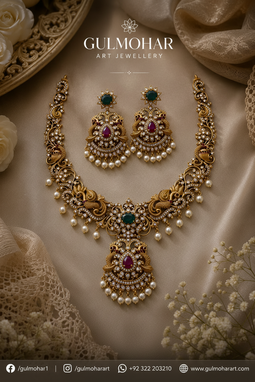 S-17: Premium Peacock South Indian Gold Plated Necklace Set