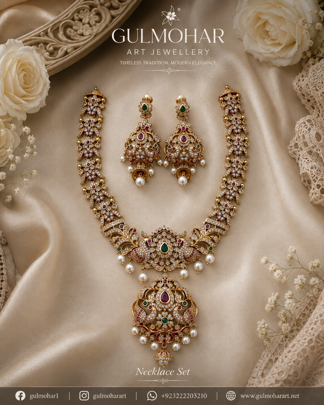 South Indian necklace set, peacock necklace set, peacock motif necklace, South Indian jewellery set, necklace set with jhumka, CZ AD necklace set, gold plated necklace set, traditional necklace set, South Indian wedding jewellery, peacock jewellery for women, traditional Indian jewellery, festive necklace set, party wear jewellery