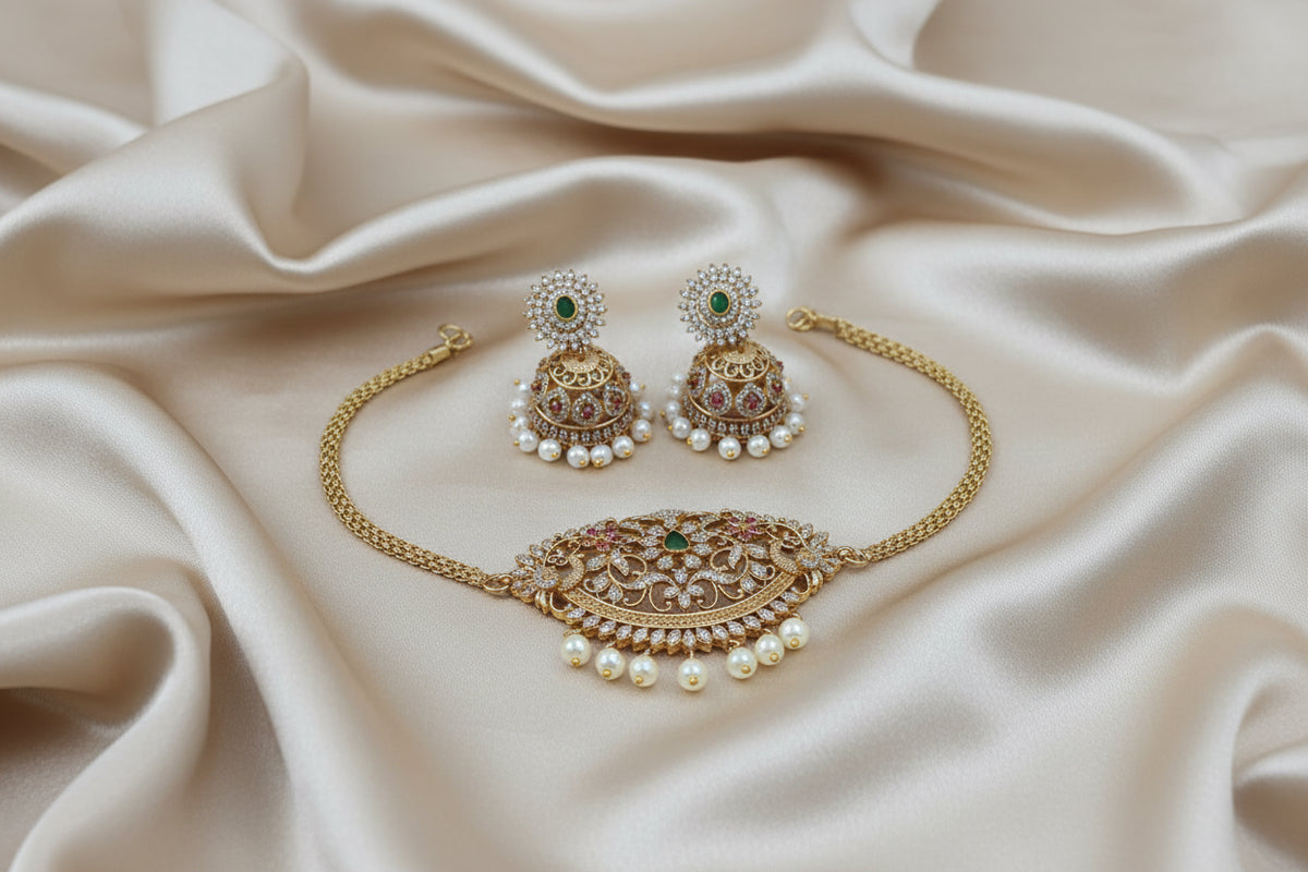 S-19: Mini Gold Plated Choker Set with AD & CZ Jhumki Earrings