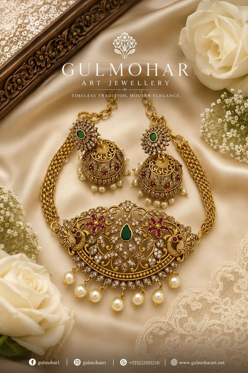 S-19: Mini Gold Plated Choker Set with AD & CZ Jhumki Earrings