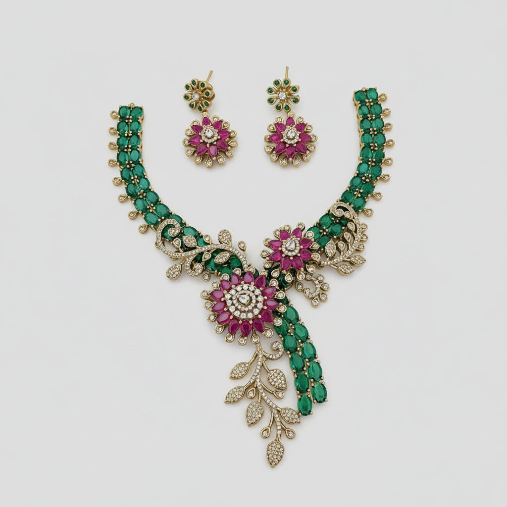 AD floral necklace set
South Indian style necklace set
gold plated AD necklace
CZ and AD necklace set
premium party wear necklace
South Indian inspired jewellery
floral gold necklace set
wedding necklace set for women
party wear gold plated jewellery
green stone necklace set
statement floral jewellery
premium South jewellery
wedding party jewellery Pakistan
Gulmohar Art Jewellery