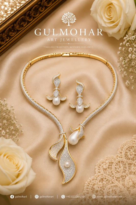 CZ and pearl South premium hasli set with AD and CZ stones, dual-tone gold and rhodium plated party wear jewellery by Gulmohar Art Jewellery