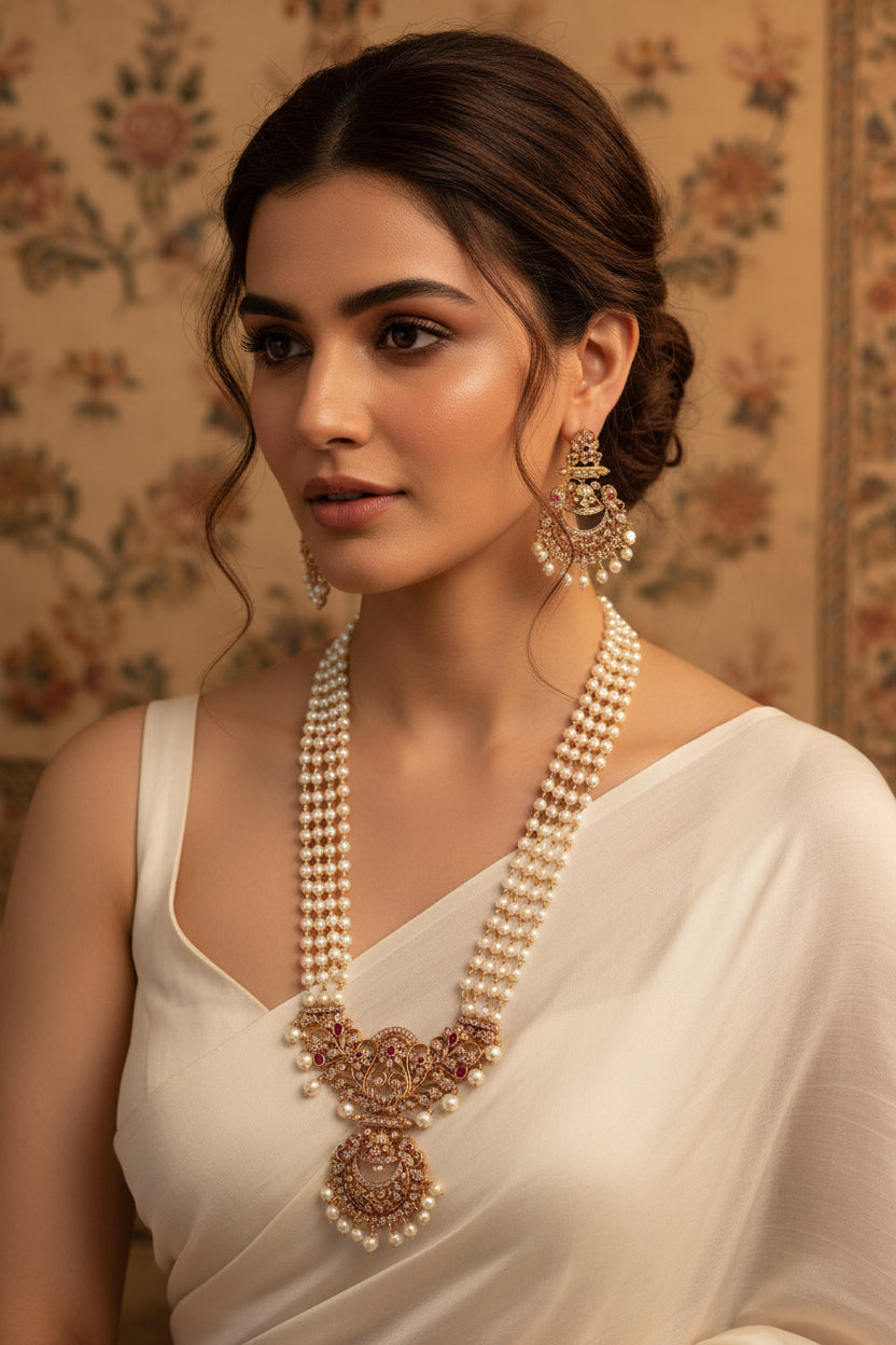 S-25: CZ Pearl Mala with Chandbali | Real Jarao South Jewellery Set