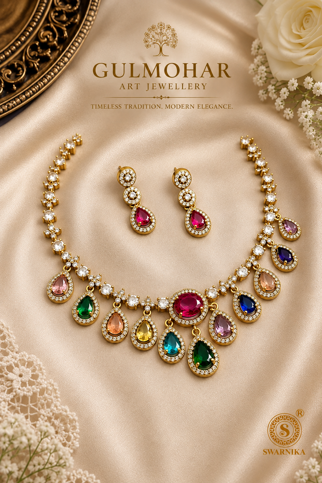 S-28: Radiant Gold-Plated South AD & CZ Statement Necklace Set