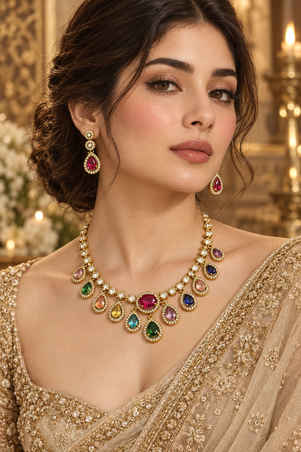 S-28: Radiant Gold-Plated South AD & CZ Statement Necklace Set