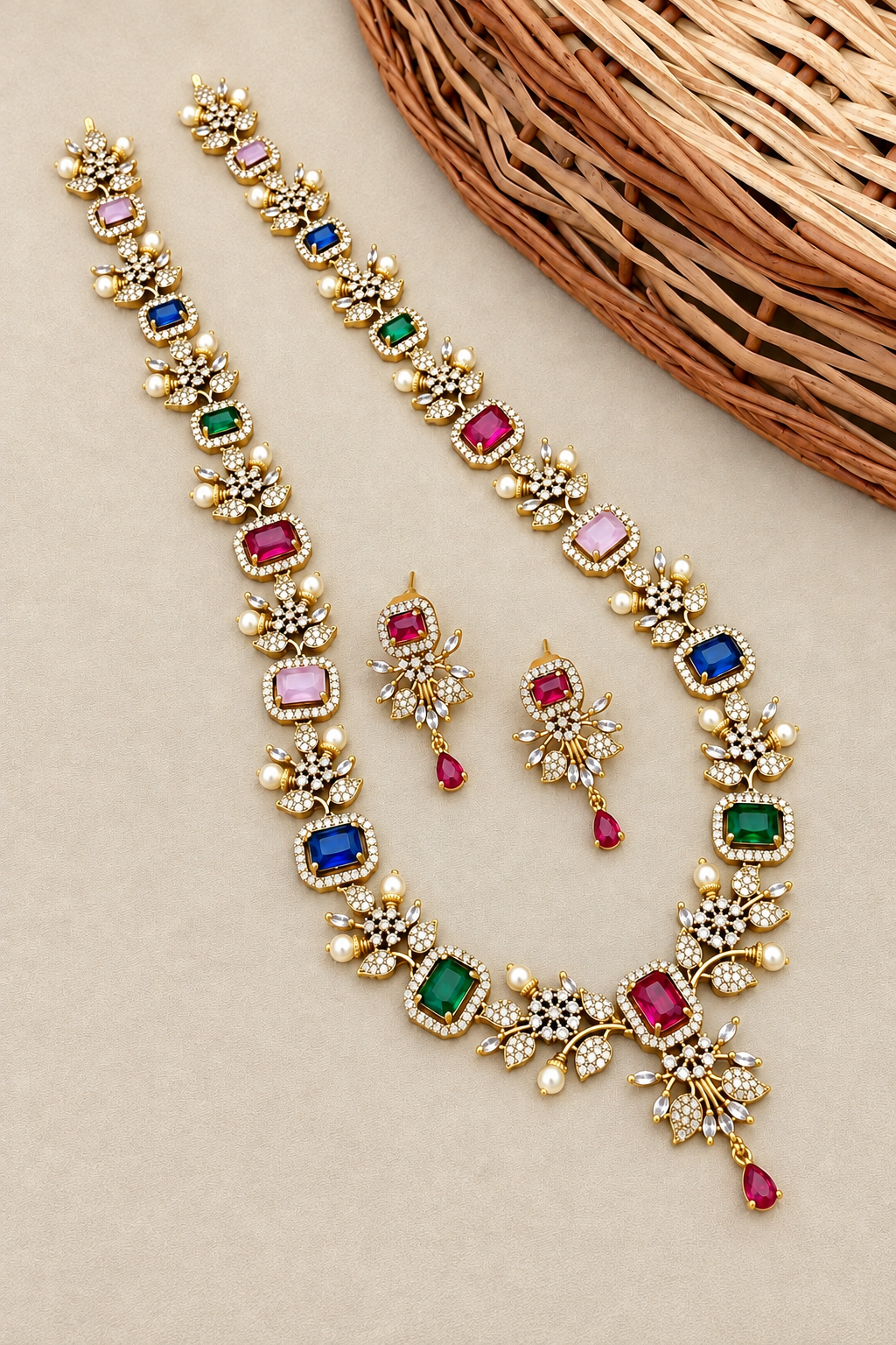 S-30: Elegant Gold-Plated AD & CZ Long Necklace Set | Gulmohar Art