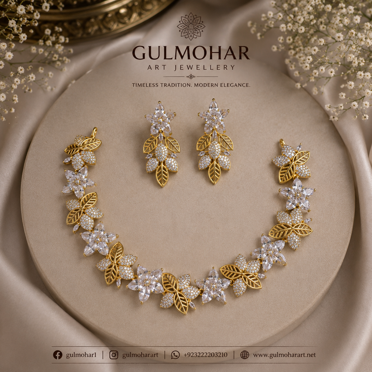 S-34: Bloom Flower AD & CZ Gold-Plated Necklace Set | Gulmohar Art