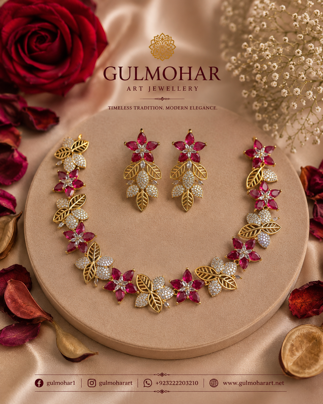 S-34: Bloom Flower AD & CZ Gold-Plated Necklace Set | Gulmohar Art