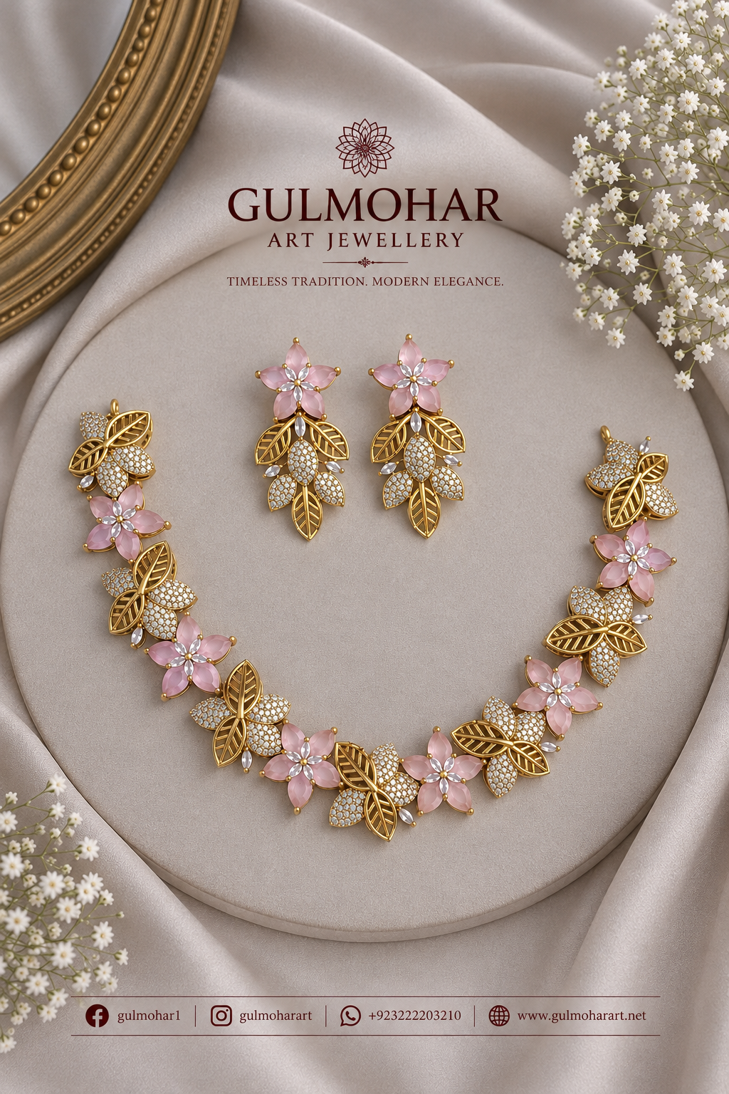 S-34: Bloom Flower AD & CZ Gold-Plated Necklace Set | Gulmohar Art