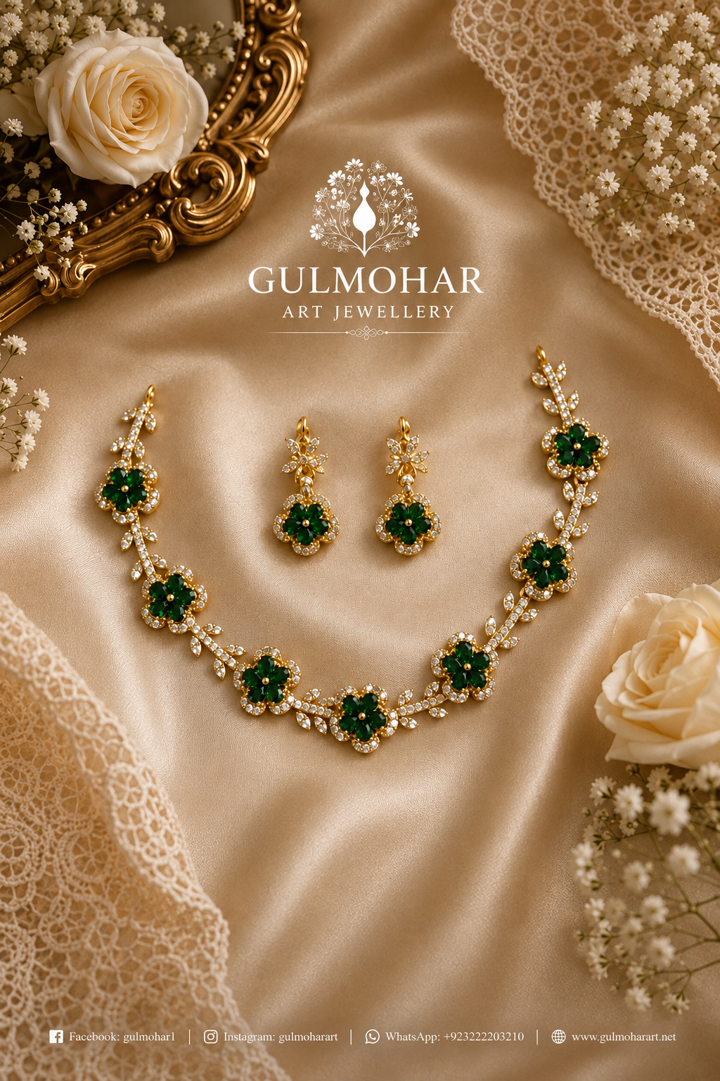 S-35: Gold Plated Floral AD Stone Necklace Set | Elegant Jewelry
