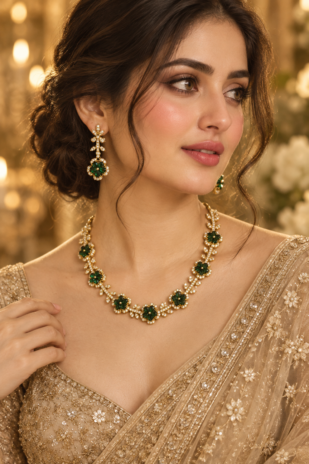 S-35: Gold Plated Floral AD Stone Necklace Set | Elegant Jewelry
