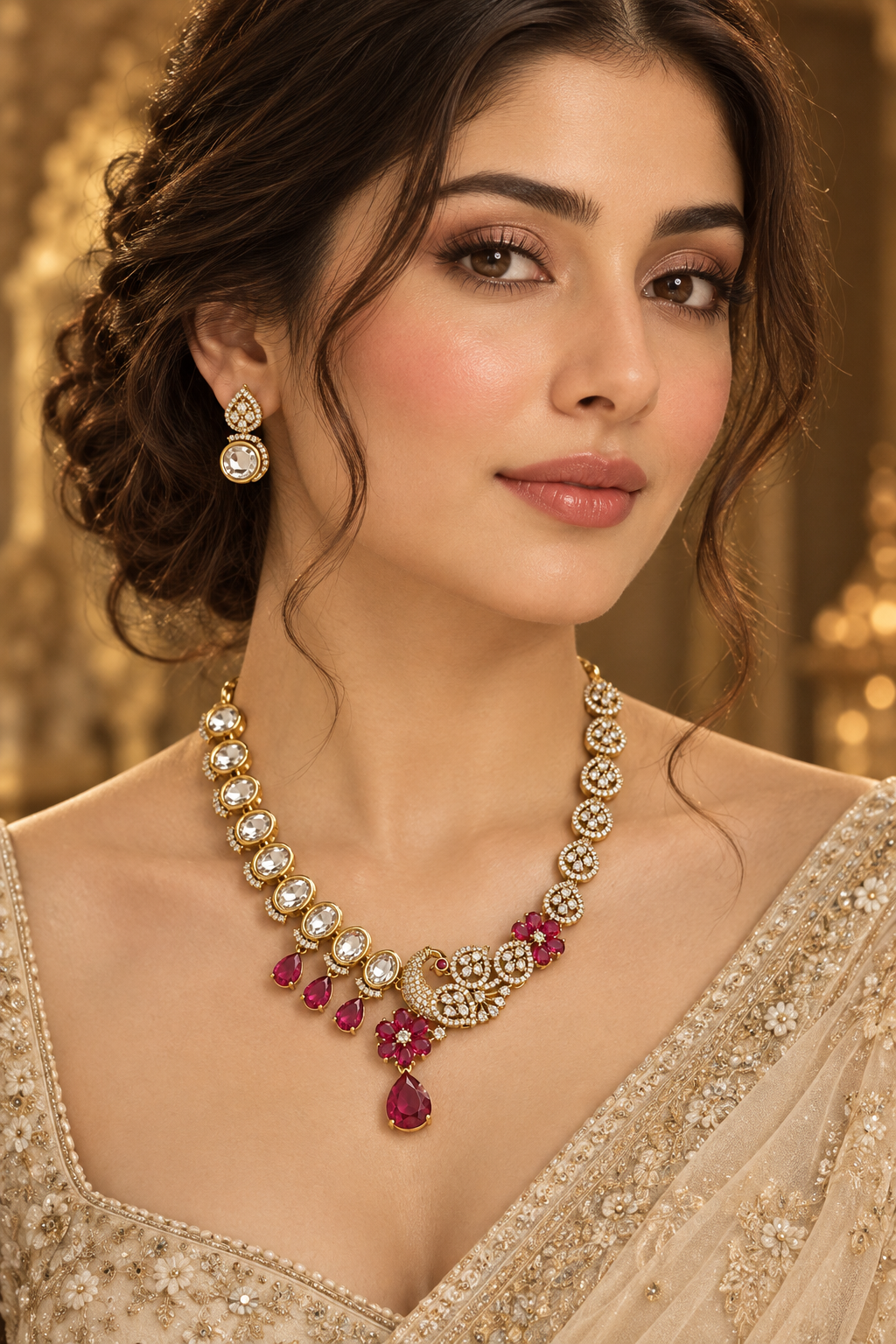S-36: Gold Plated Peacock AD Kundan Necklace Set