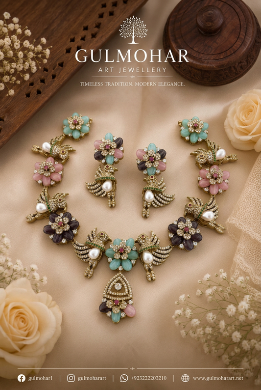 S-37: Exquisite Gold-Plated Fusion Bird & Floral Necklace Set | Gulmohar Art