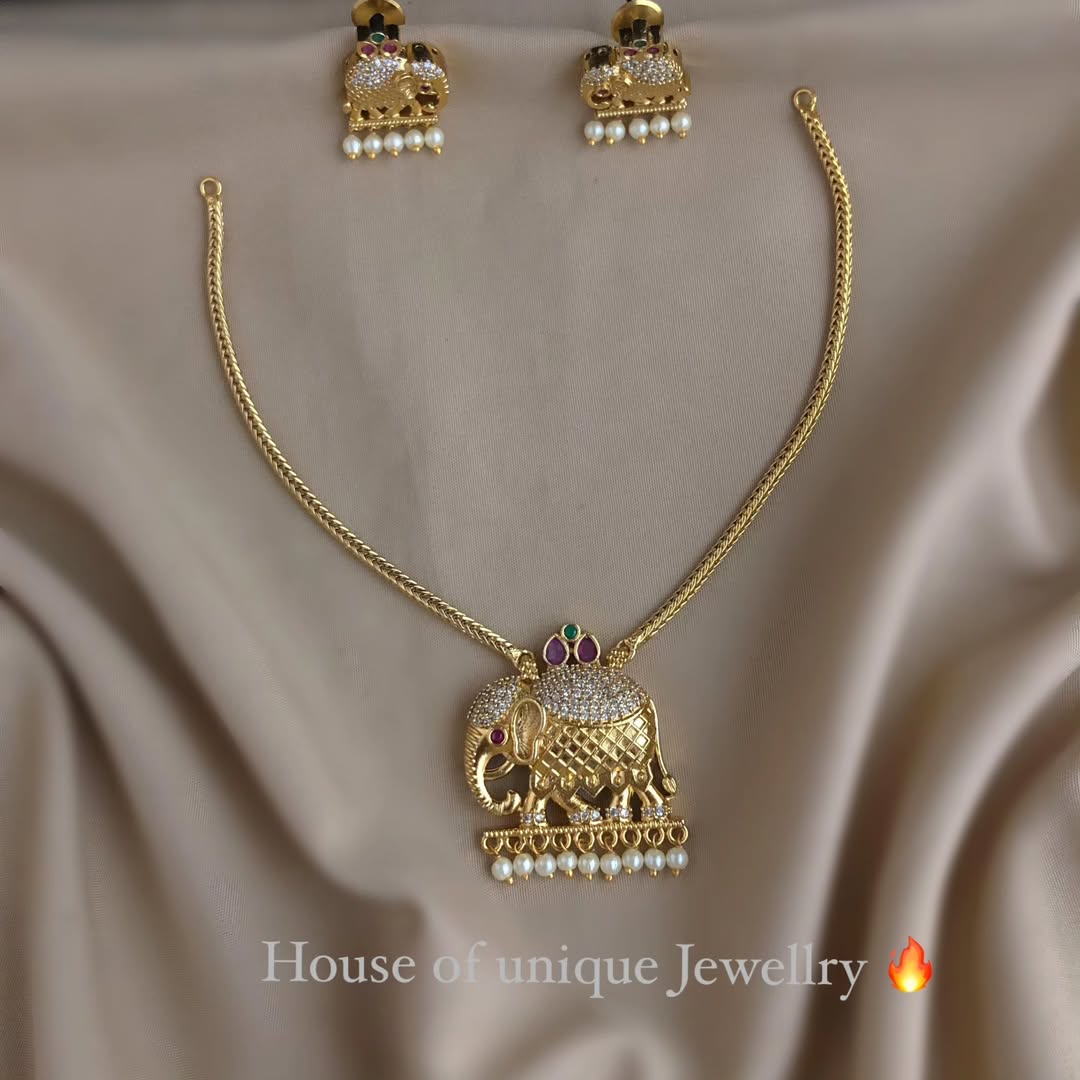 S-05: Royal Elephant Motif Gold Plated South Indian Necklace Set