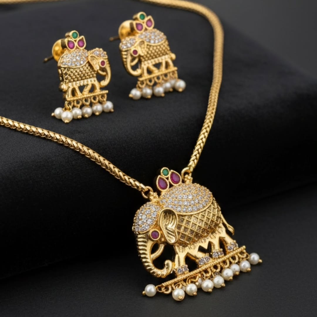 S-05: Royal Elephant Motif Gold Plated South Indian Necklace Set