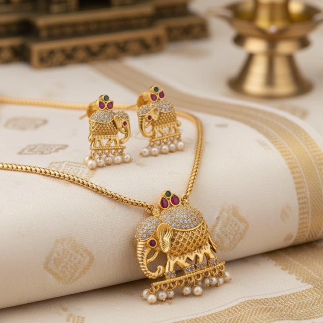 S-05: Royal Elephant Motif Gold Plated South Indian Necklace Set